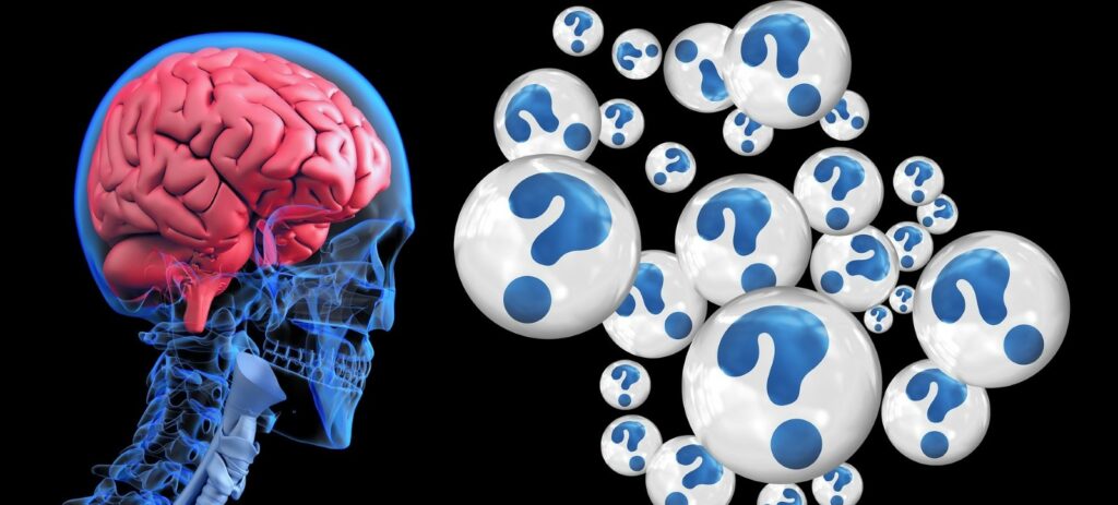 Graphic of skull with question mark bubbles