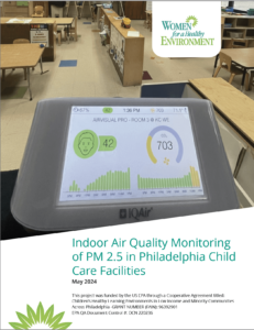 Indoor Air Quality Monitoring of PM Report on screen in a classroom.