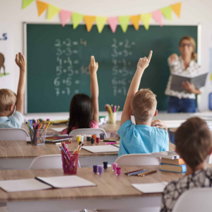 Children in a classroom facing teacher and with hands raised