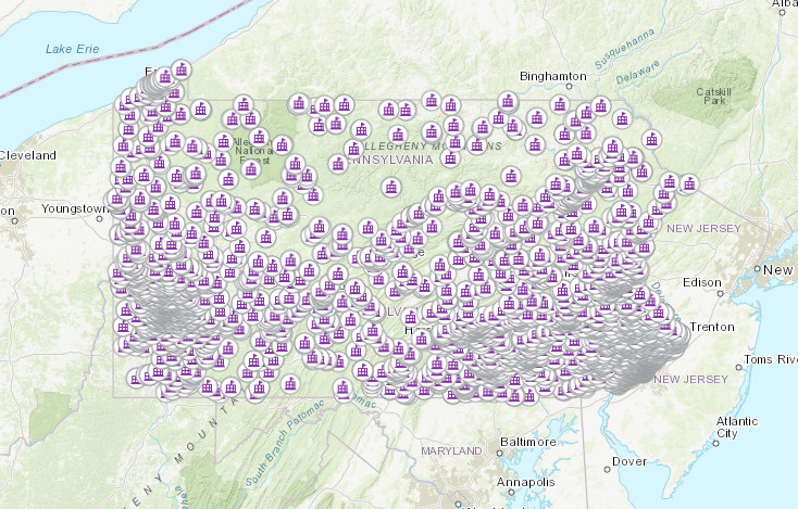 Data map marking points within the borders of Pennsylvania