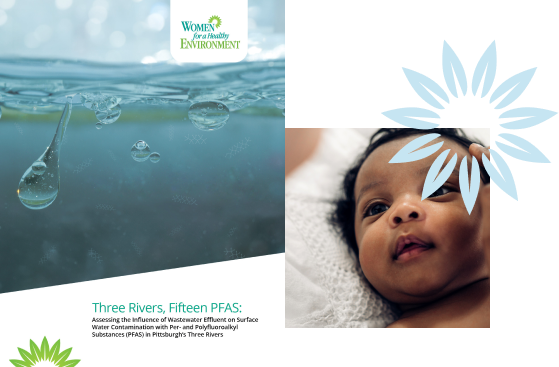 thumbnail of the cover of WHE's 2024 PFAS Report and a photo of a newborn baby