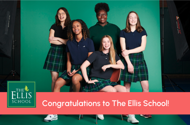 Five students in school uniforms accompanied by the text "Congratulations to The Ellis School"