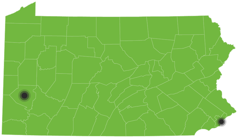 statewide map of the Commonwealth of Pennsylvania with markers indicating points in Pittsburgh in Allegheny County within the Southwest and Philadelphia on the Southeast border.