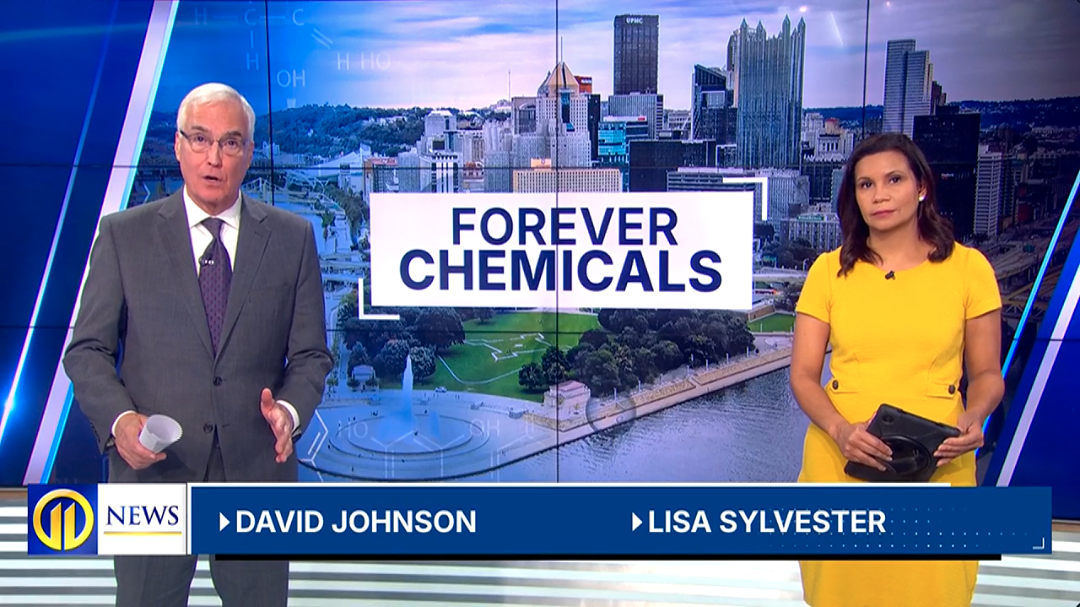 WPXI broadcast image of David Johnson and Lisa Sylvester introduce a story about forever chemicals